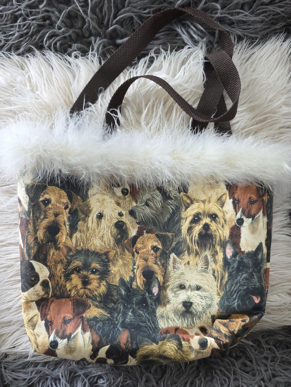 Dog Print Faux Fur Trim Tote Bag in Brown & Cream